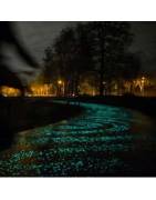 Beleuchtete Beschilderung, beleuchtete Straße und phosphoreszierender Radweg
